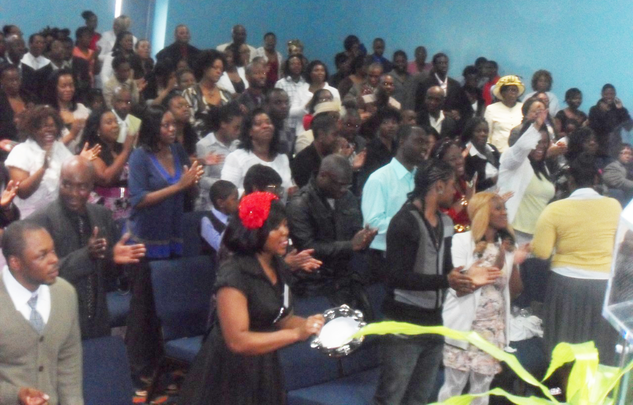 wide shot of church service in action